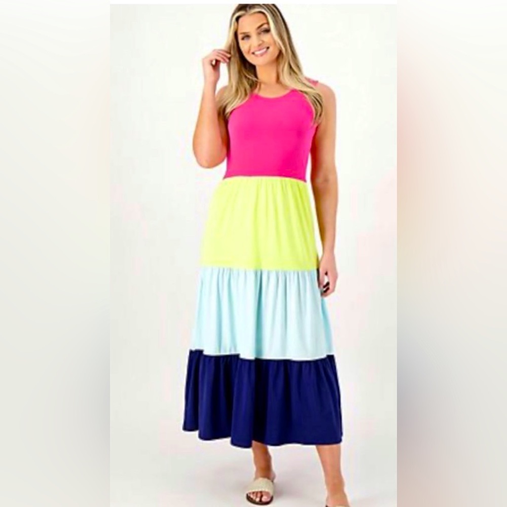 Lands End NWT size Small Sleeveless Tiered Maxi Dress color block Rainbow